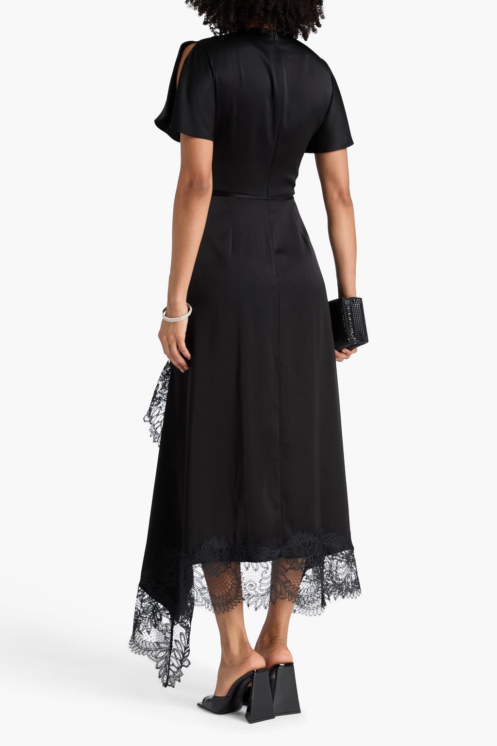 DAVID KOMA Lace-trimmed asymmetric satin maxi dress