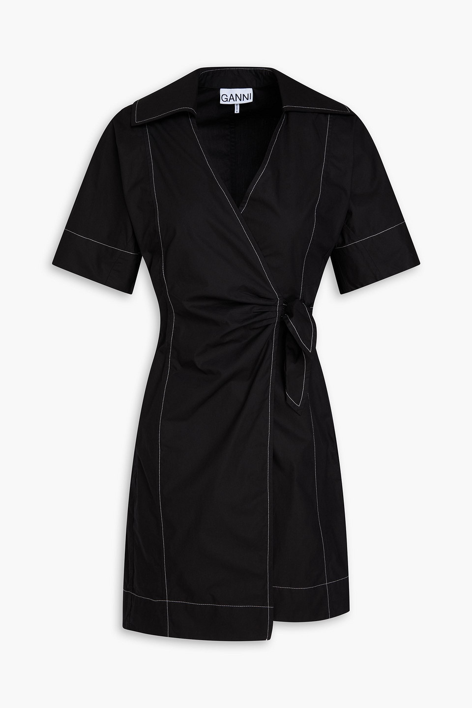 Ganni Cotton-poplin Mini Wrap Dress In Black