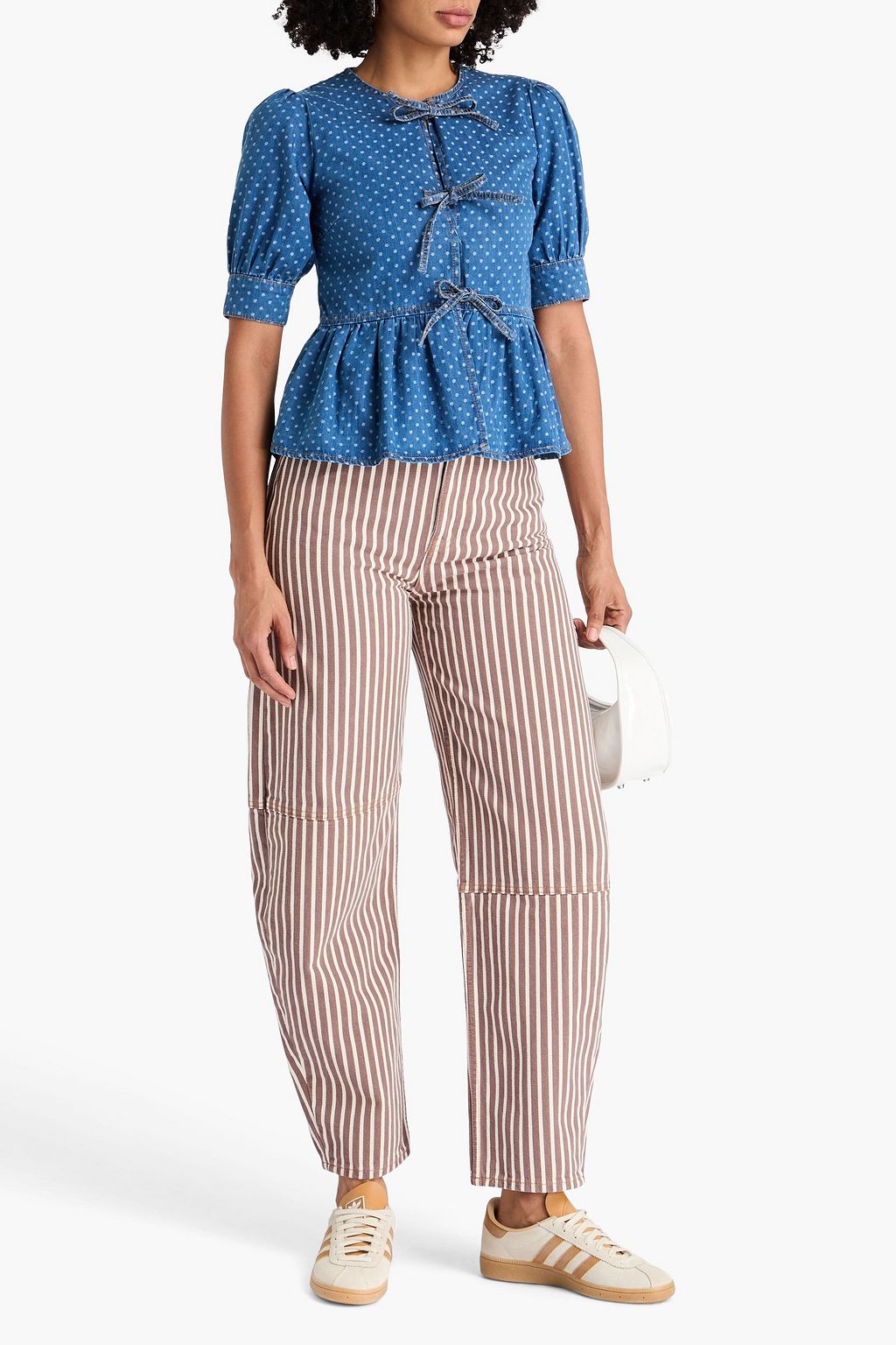 GANNI Polka-dot denim peplum top