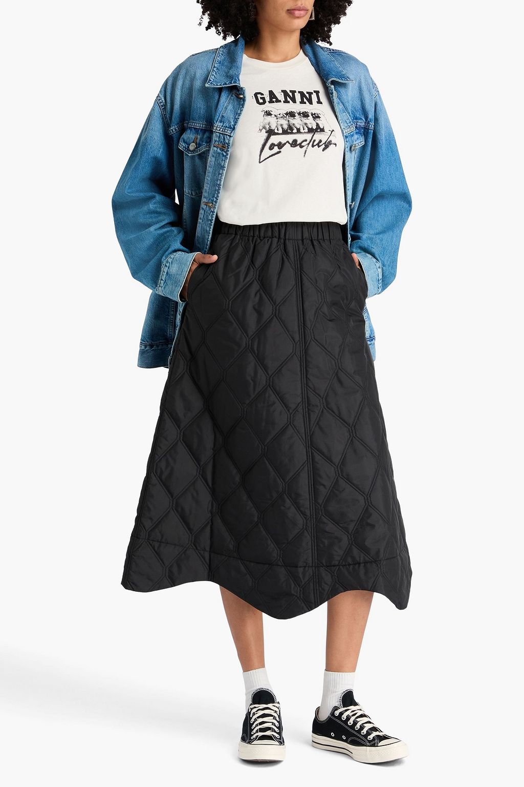 GANNI Quilted shell midi skirt