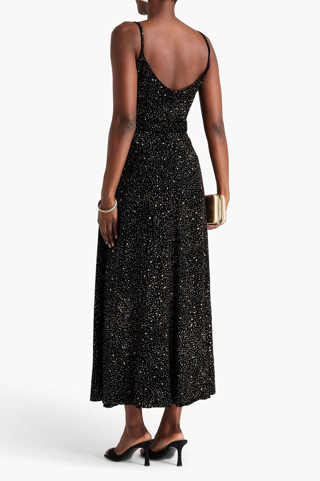 COSTARELLOS Belted glittered velvet maxi dress