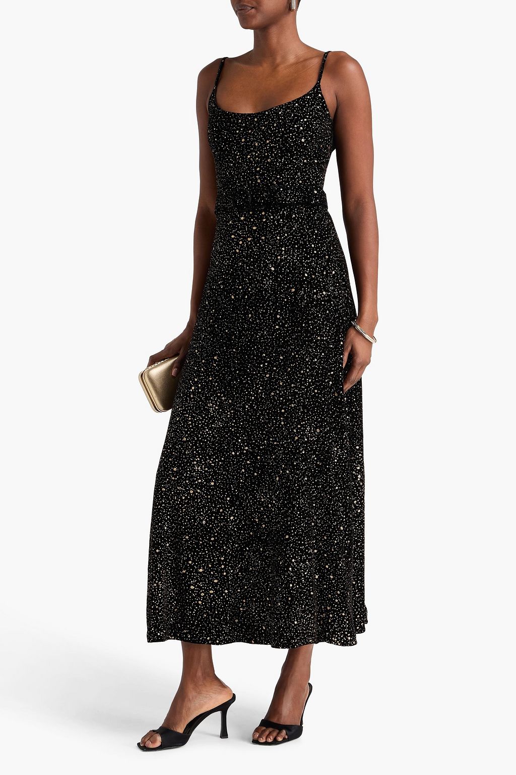 COSTARELLOS Belted glittered velvet maxi dress
