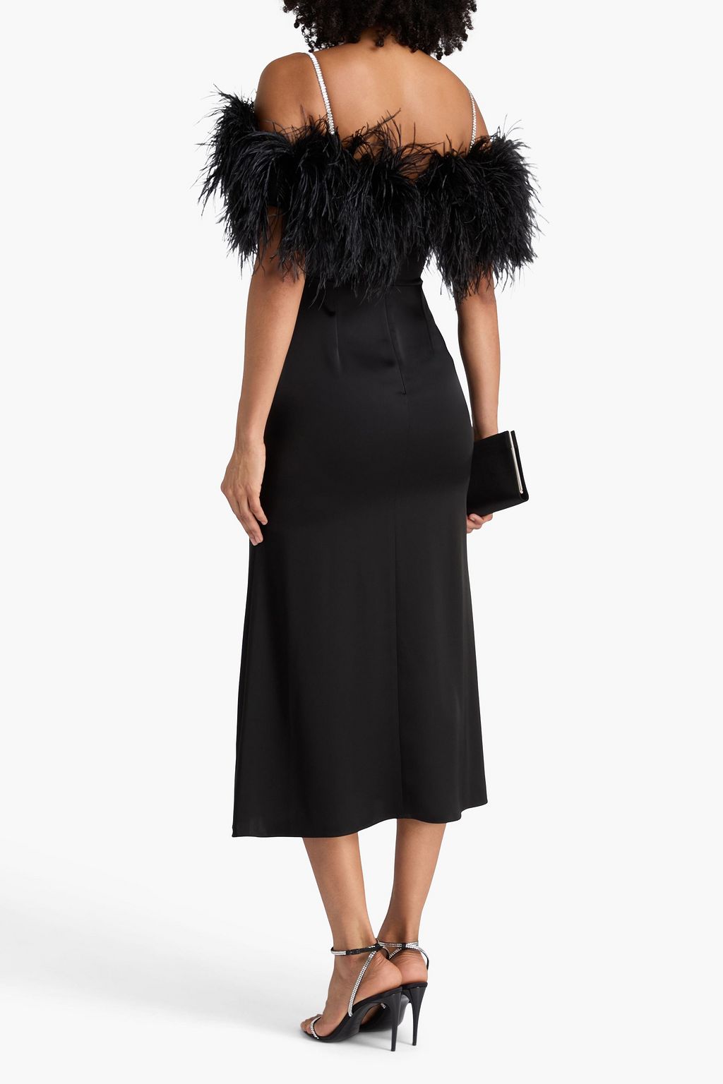 DAVID KOMA Off-the-shoulder feather-embellished satin midi dress