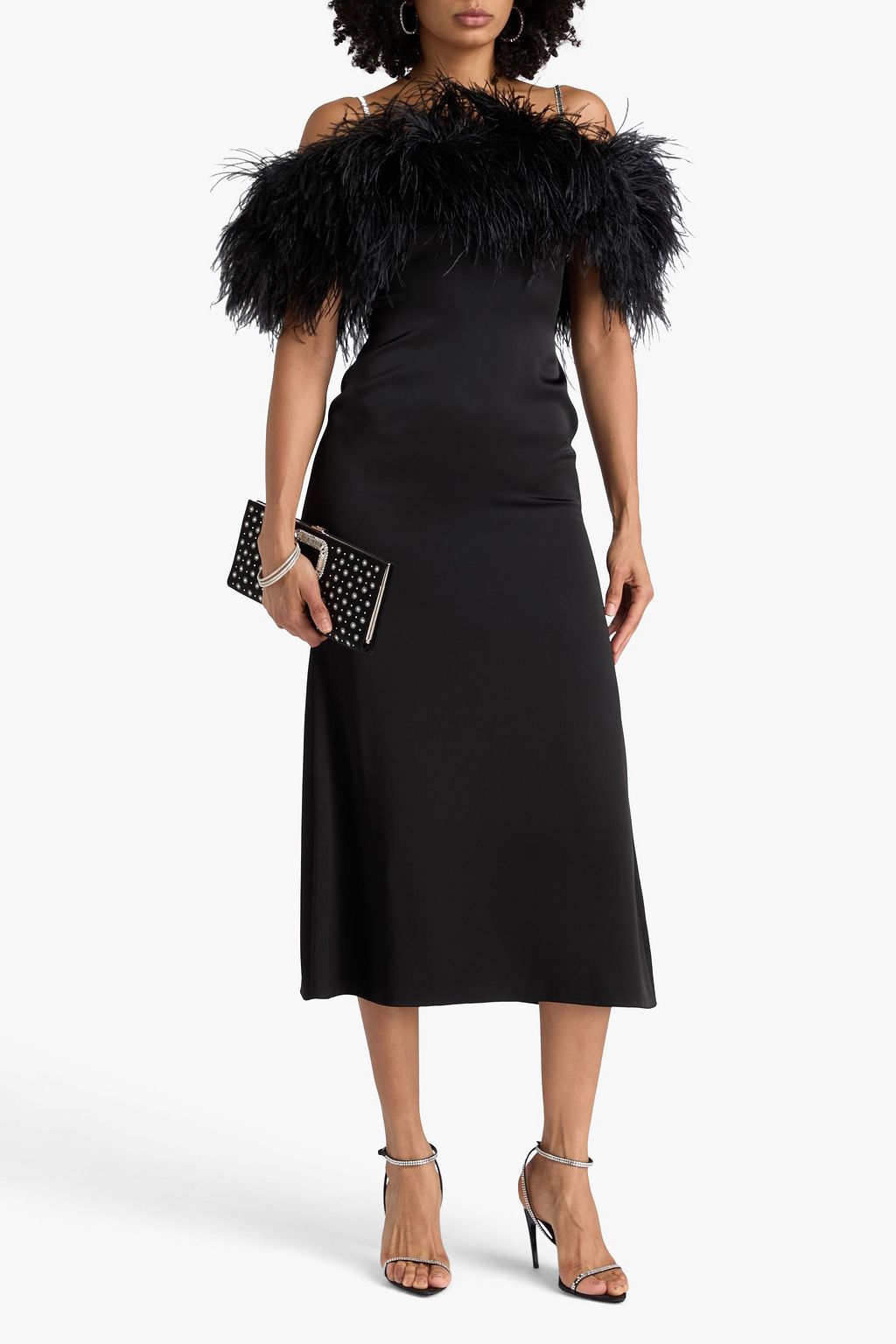 DAVID KOMA Off-the-shoulder feather-embellished satin midi dress
