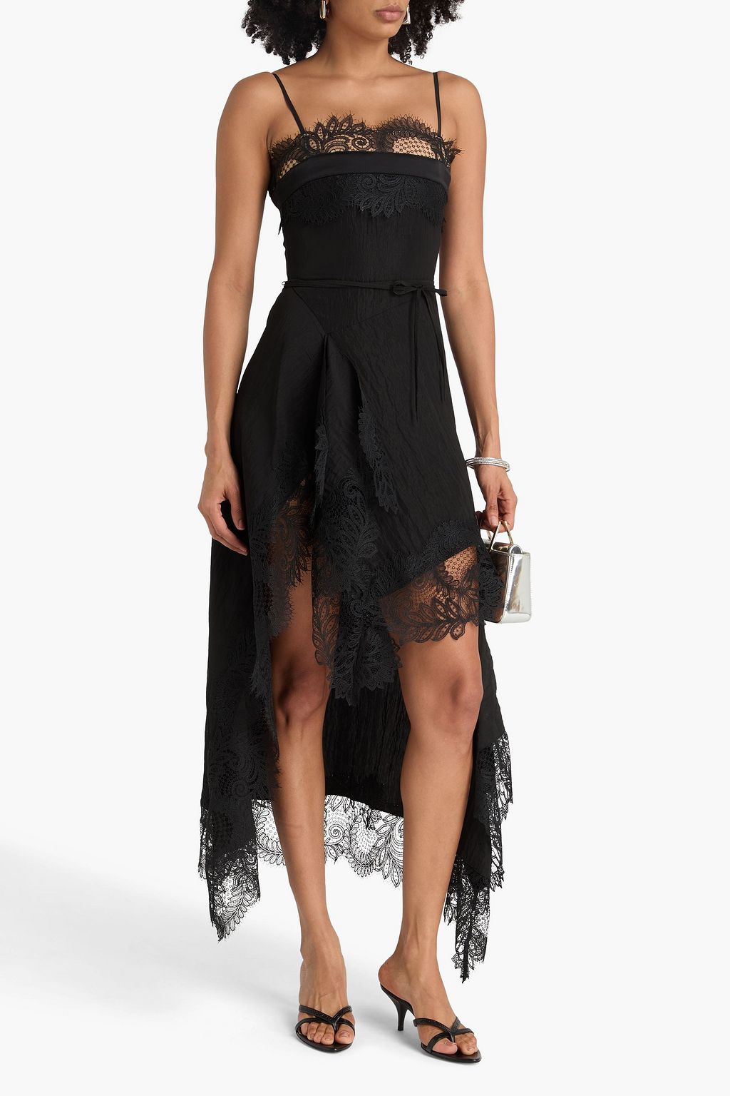 DAVID KOMA Asymmetric guipure lace-trimmed taffeta maxi dress