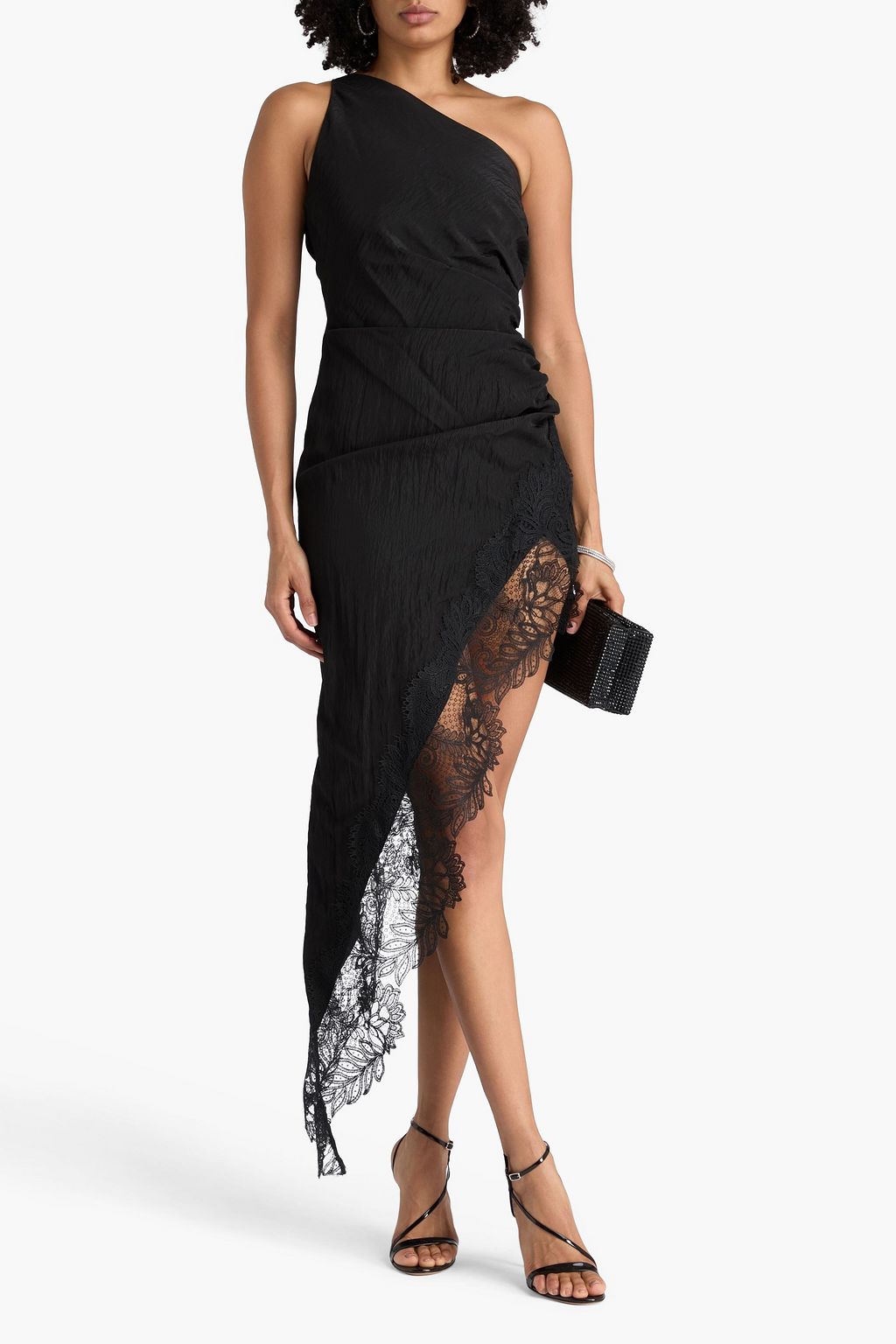 DAVID KOMA One-shoulder guipure lace-paneled taffeta maxi dress