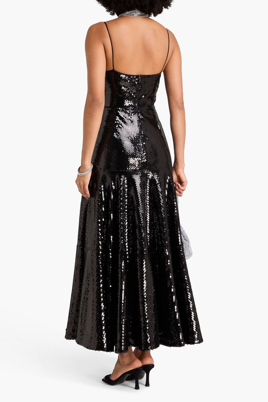 DAVID KOMA فستان كامي طويل من التول مزين بأقراص برّاقة