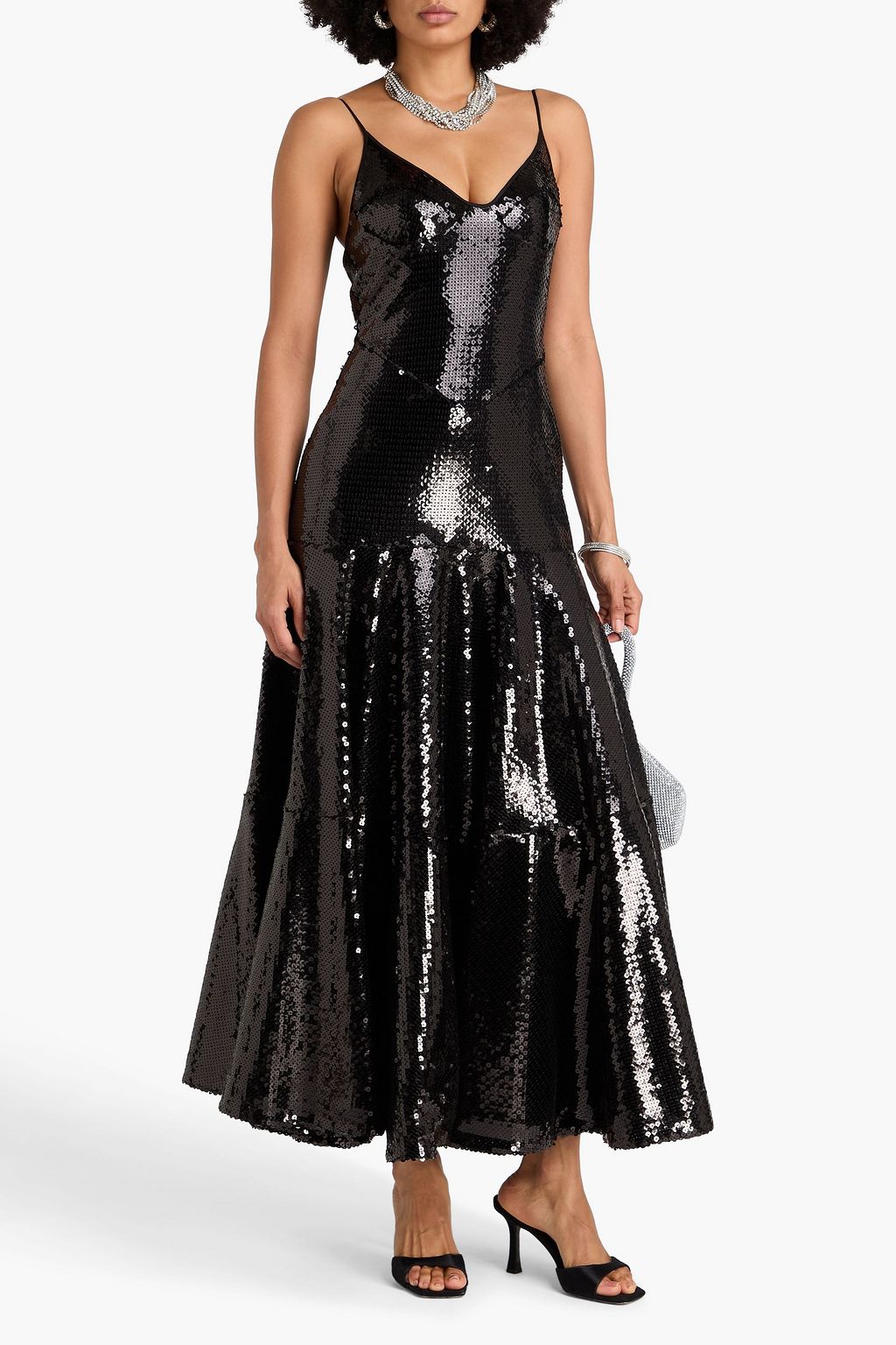 DAVID KOMA فستان كامي طويل من التول مزين بأقراص برّاقة