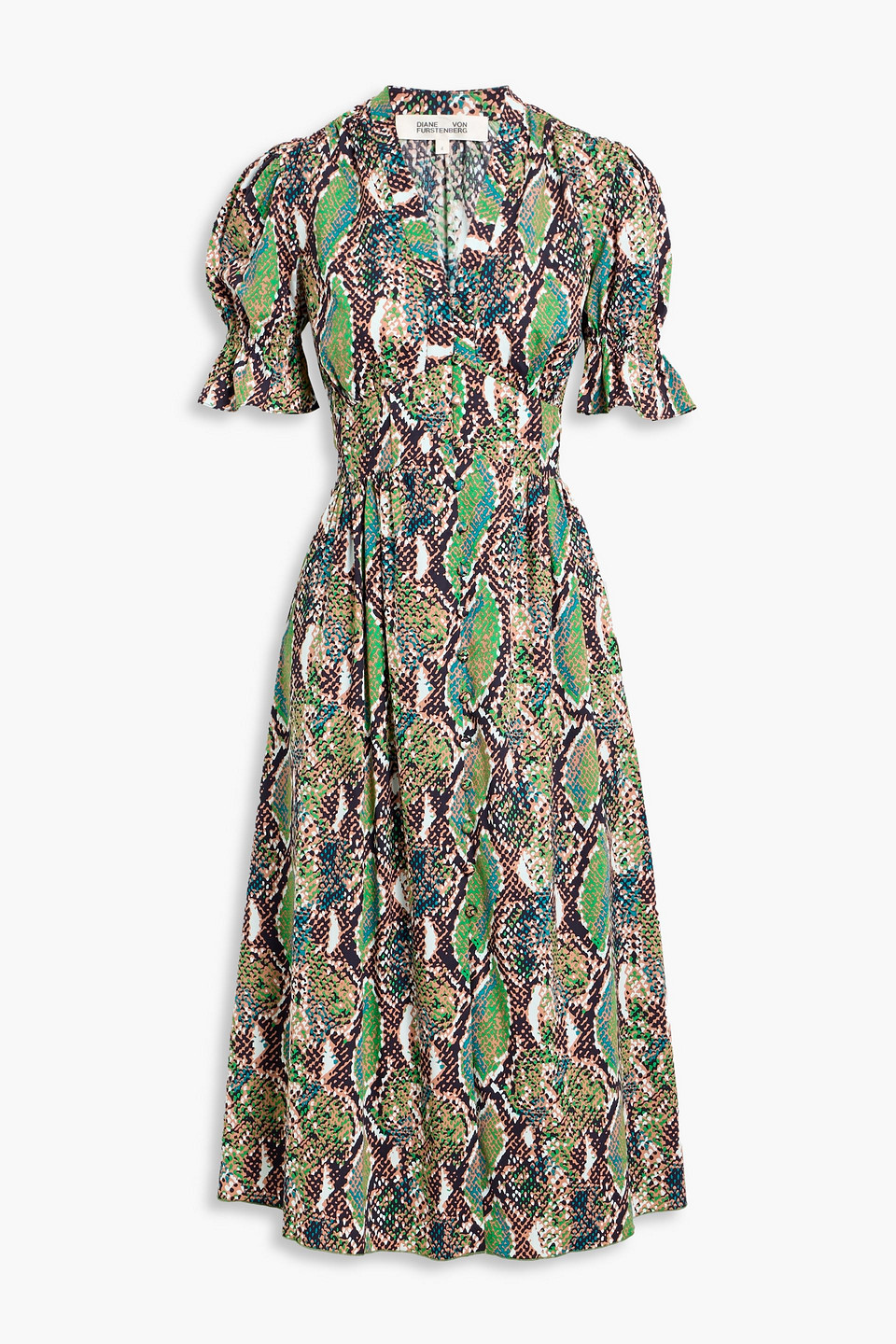 Diane Von Furstenberg Erica Snake-print Cotton-blend Poplin Midi Dress In Green