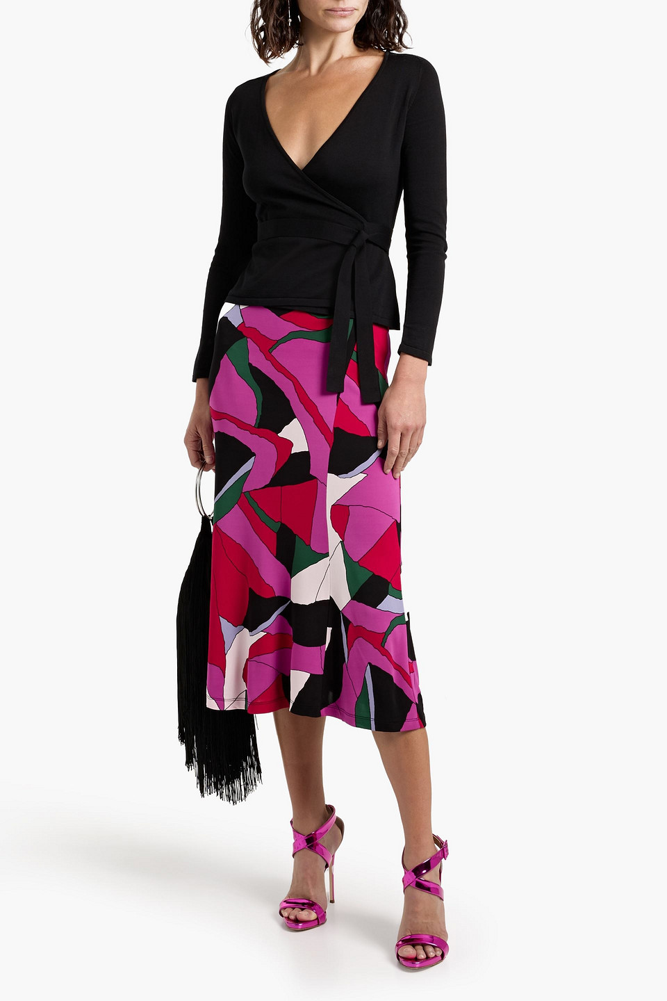 Diane Von Furstenberg Ratana Cotton And Silk-blend Wrap Cardigan In Black