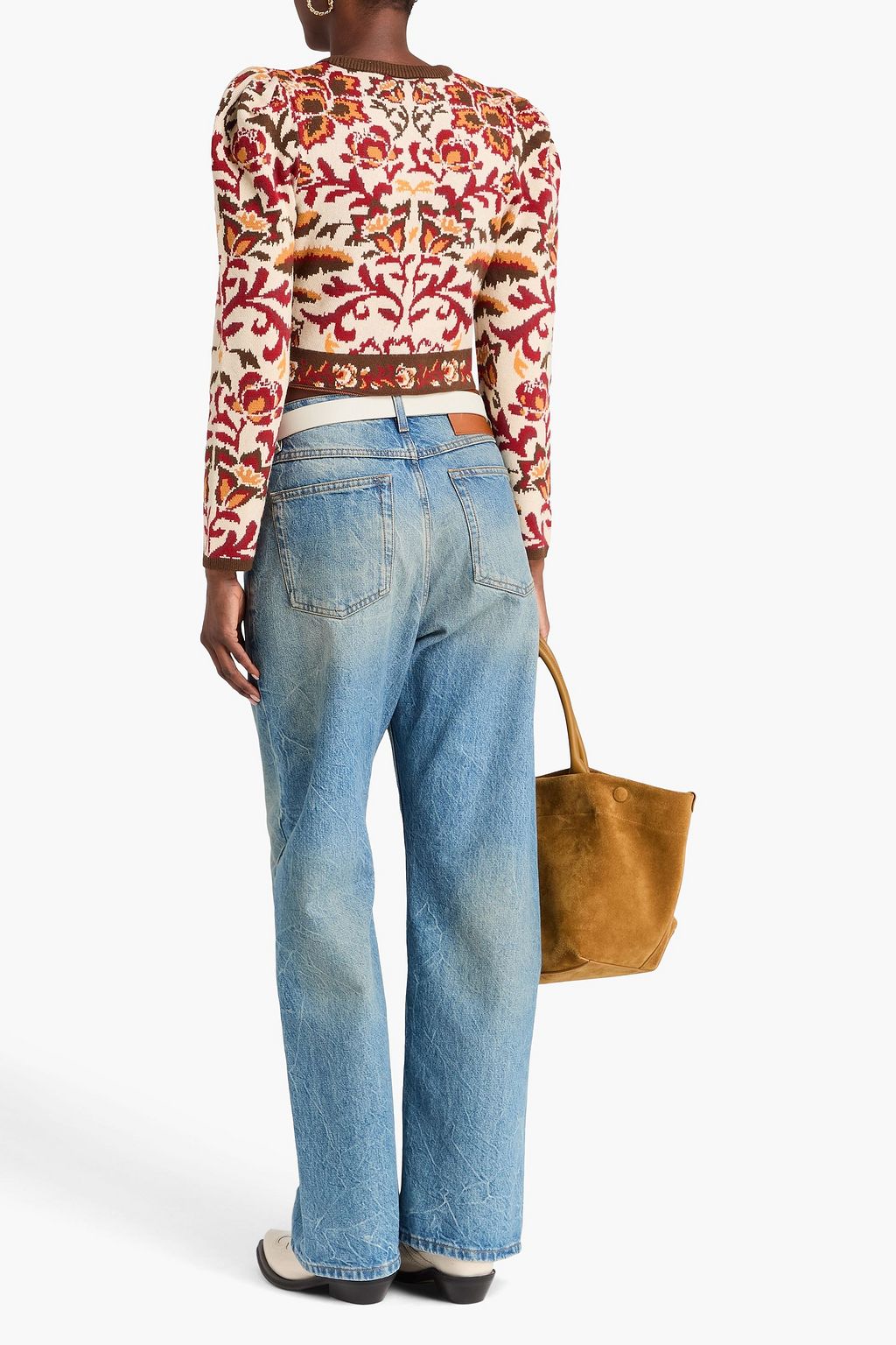 FARM RIO Cropped floral jacquard-knit sweater