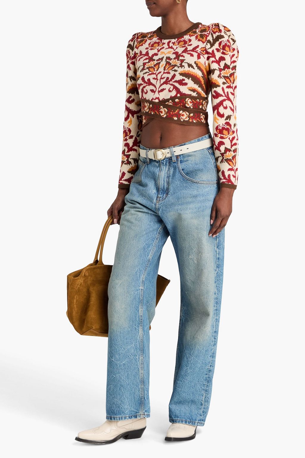 FARM RIO Cropped floral jacquard-knit sweater