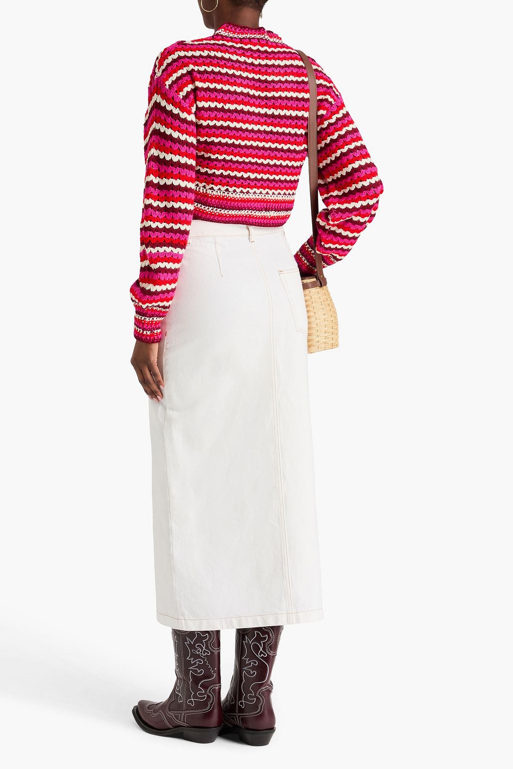 FARM RIO Cropped striped crochet-knit cardigan