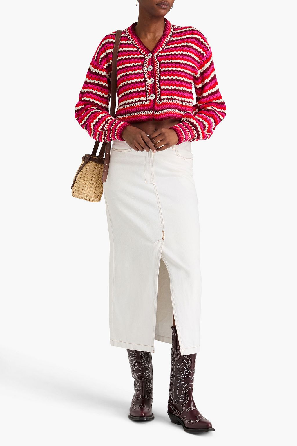 FARM RIO Cropped striped crochet-knit cardigan