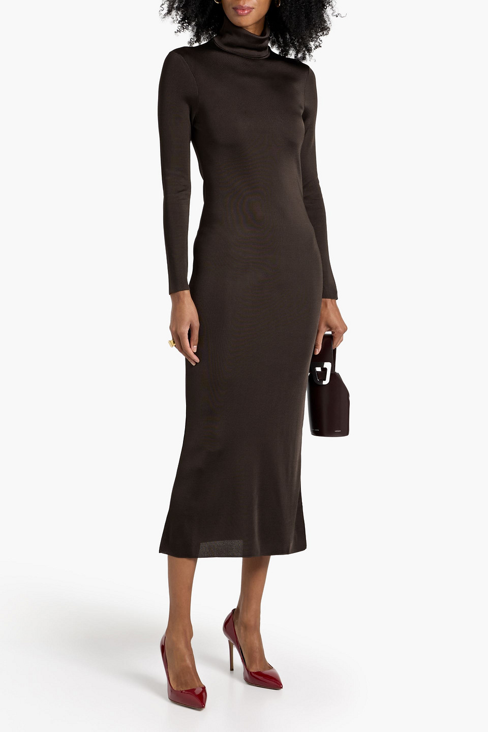 Veronica De Piante Viola Stretch-knit Turtleneck Midi Dress In Brown