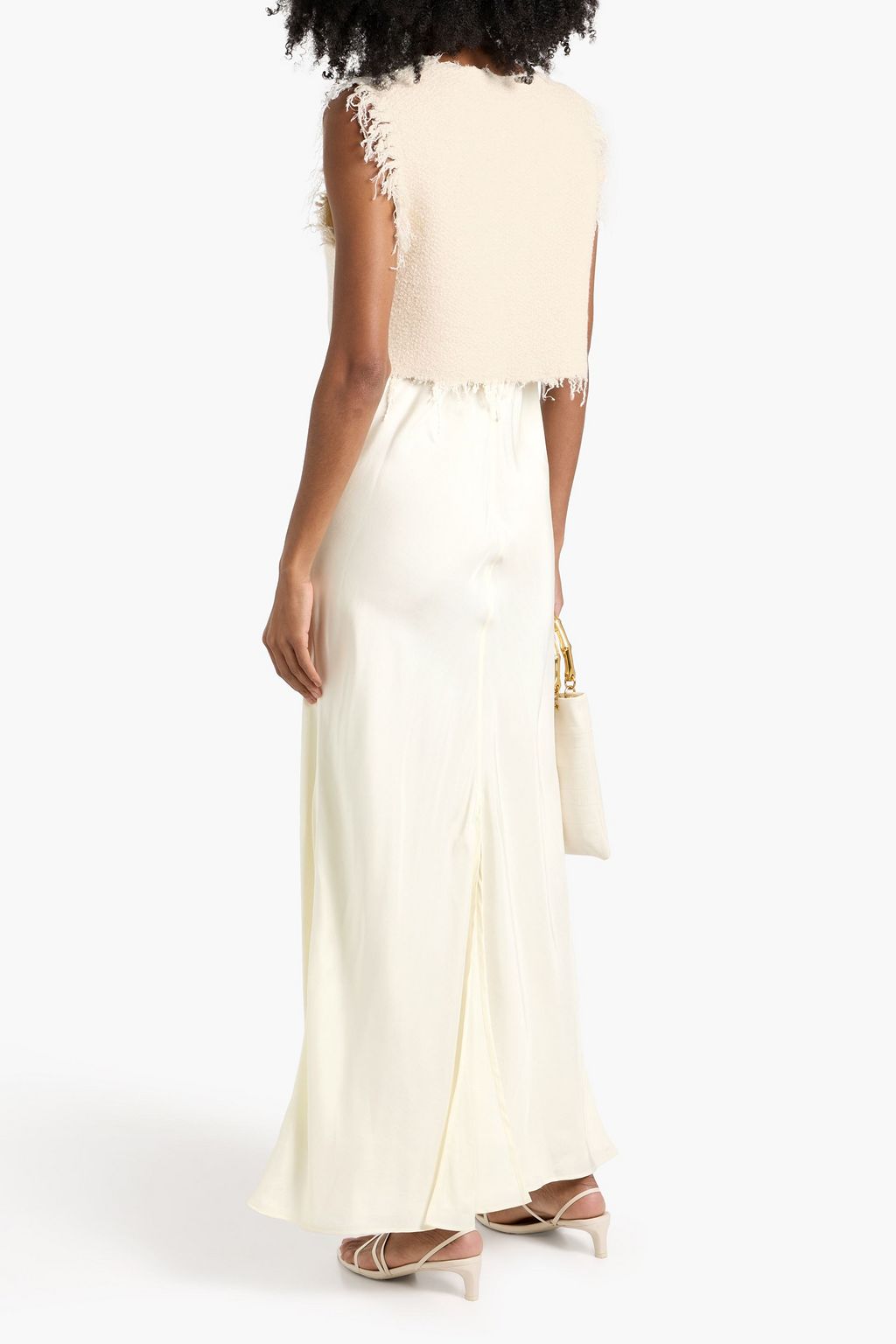 JIL SANDER Frayed layered tweed and satin maxi slip dress