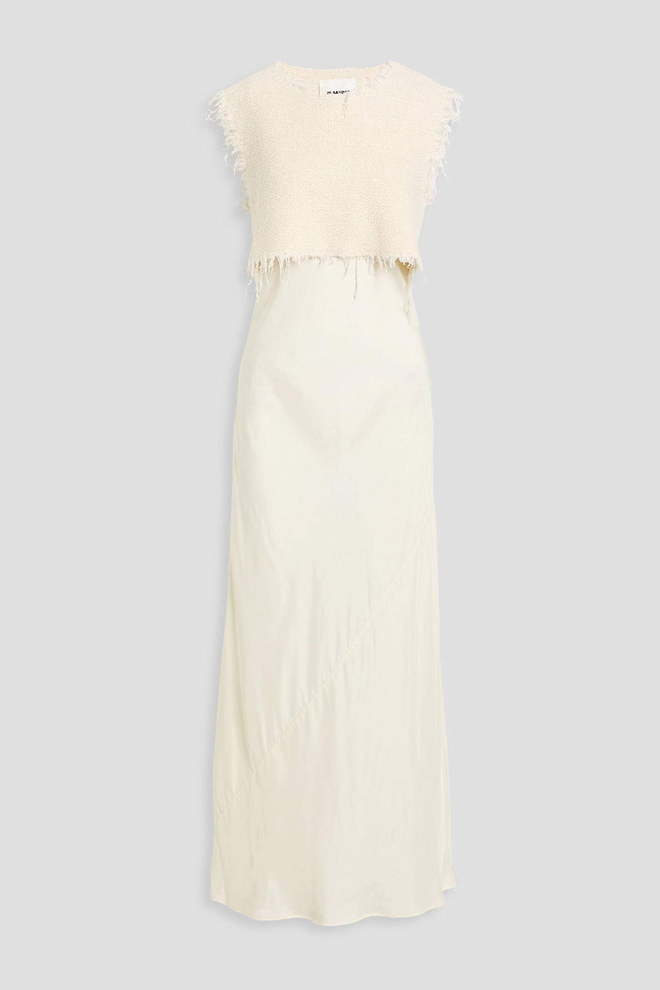 Jil Sander Frayed Layered Tweed And Satin Maxi Slip Dress In Neutral