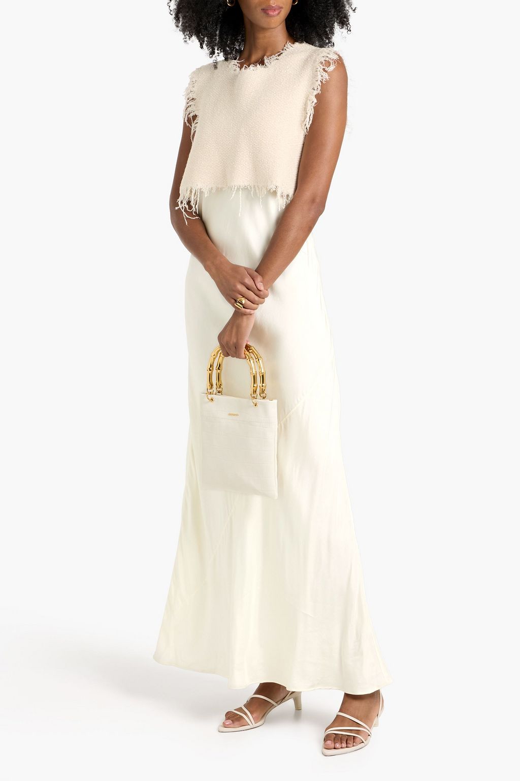 JIL SANDER Frayed layered tweed and satin maxi slip dress