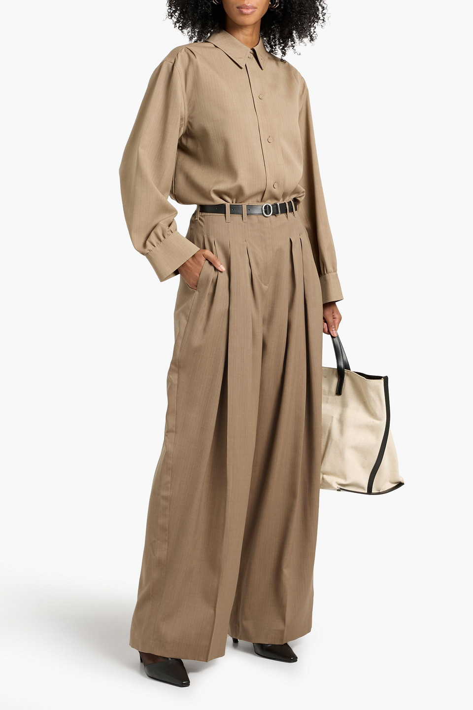 Jil Sander Belted Wool-jacquard Wide-leg Pants In Brown