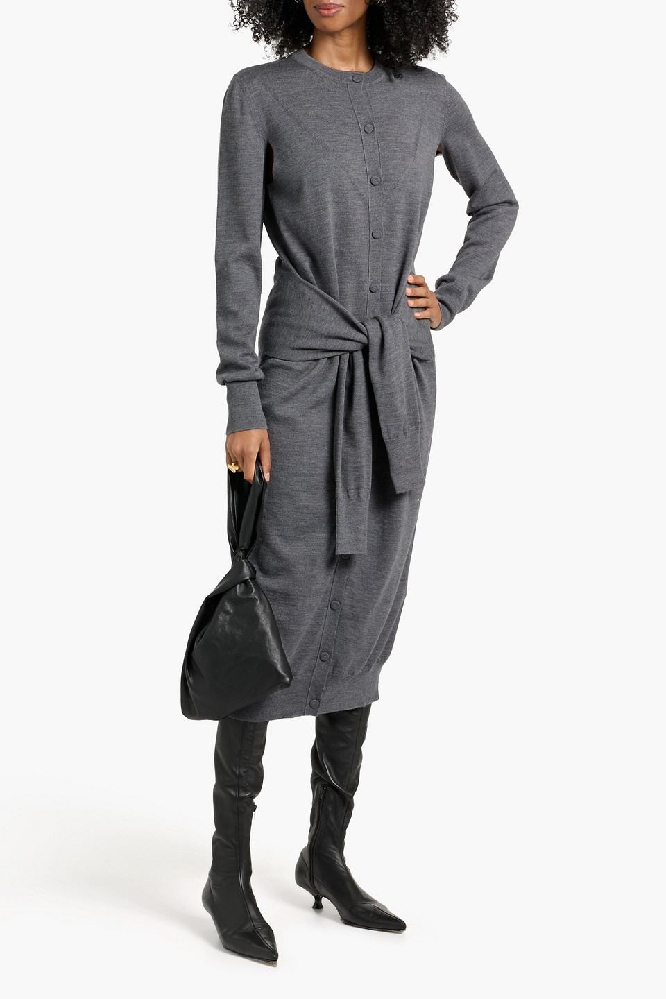 Jil Sander Tie-front Wool Midi Dress In Gray