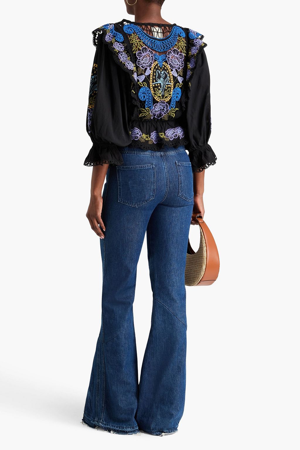FARM RIO Floral-print cotton-guipure lace peplum blouse