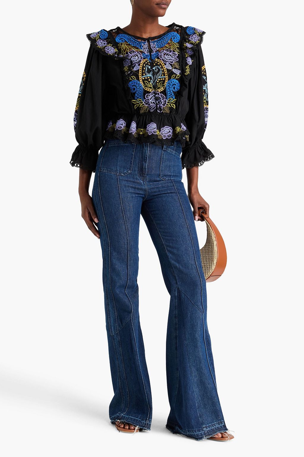 FARM RIO Floral-print cotton-guipure lace peplum blouse