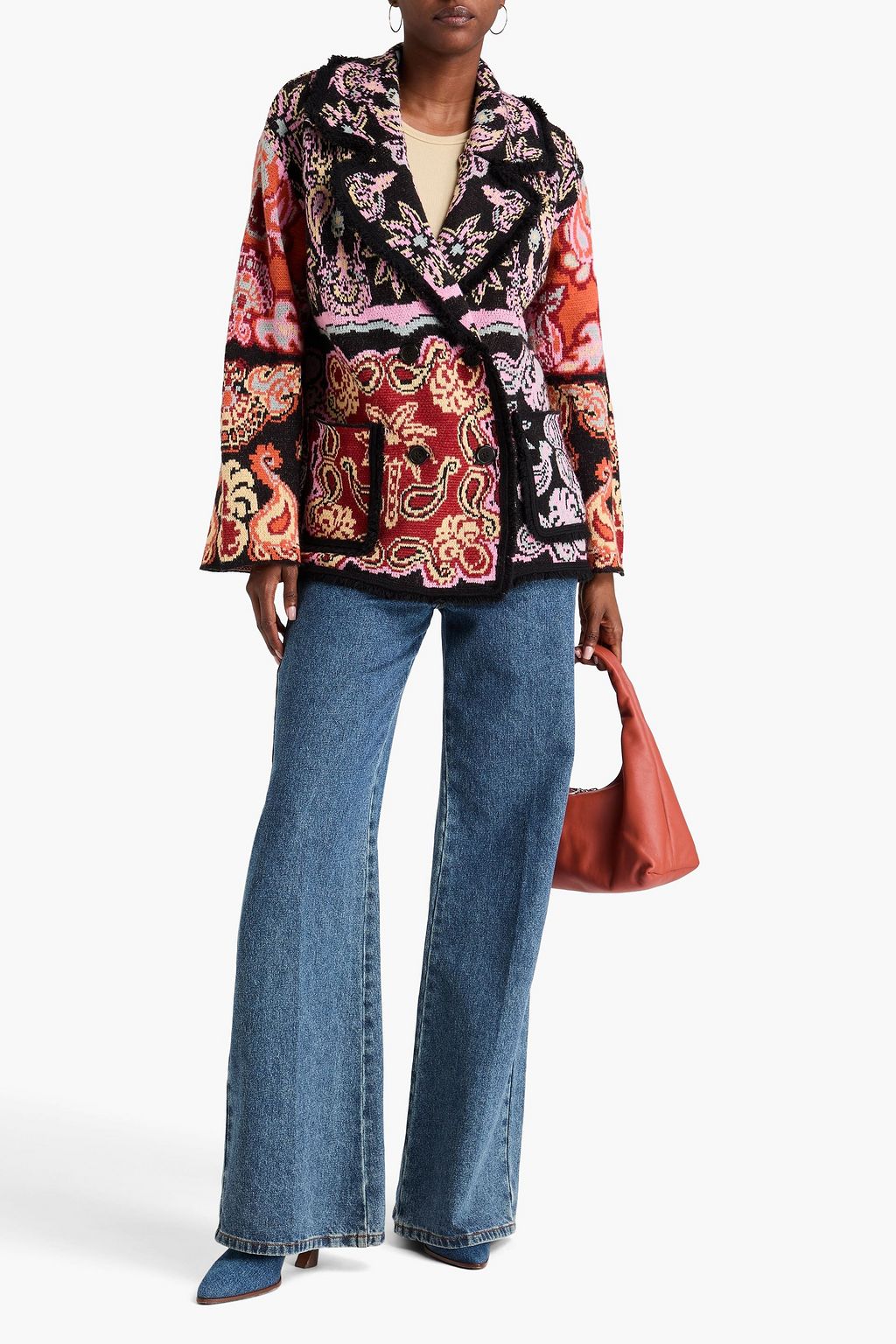 FARM RIO Frayed jacquard-knit cardigan