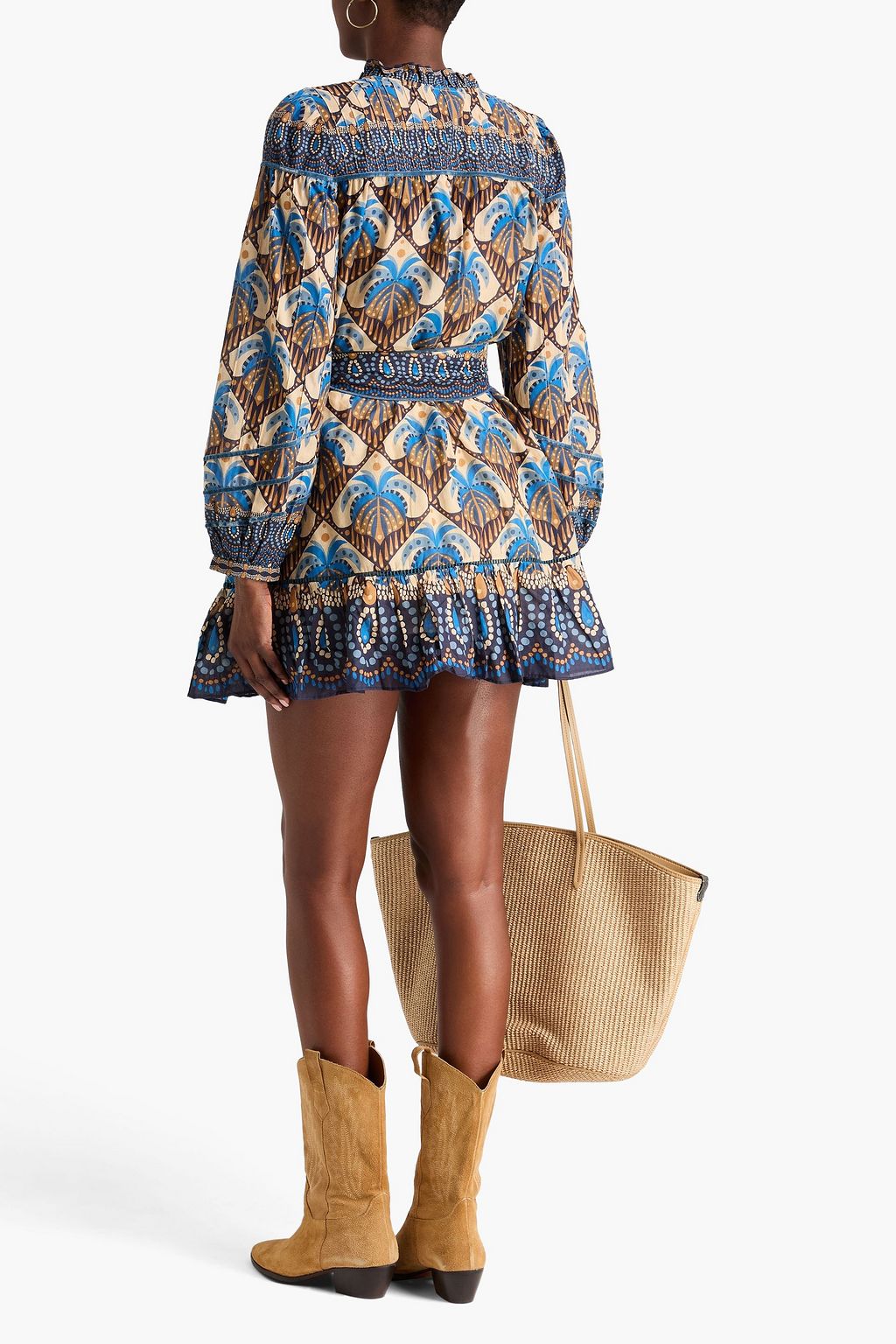 FARM RIO Belted printed cotton mini dress