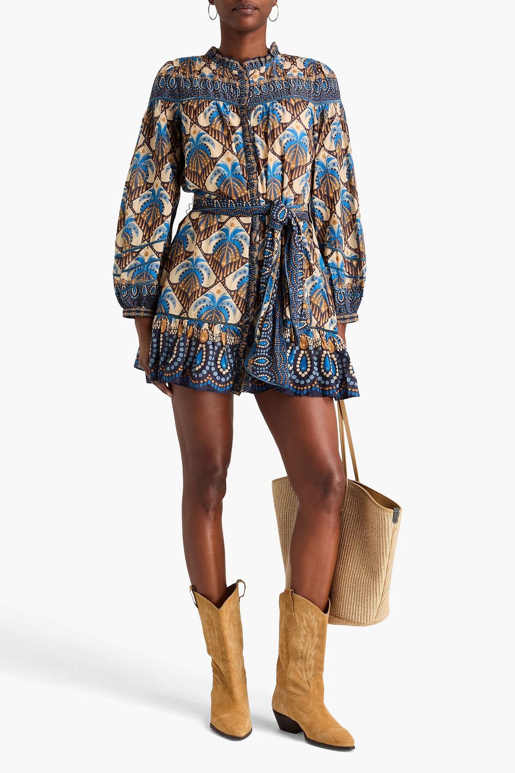 FARM RIO Belted printed cotton mini dress