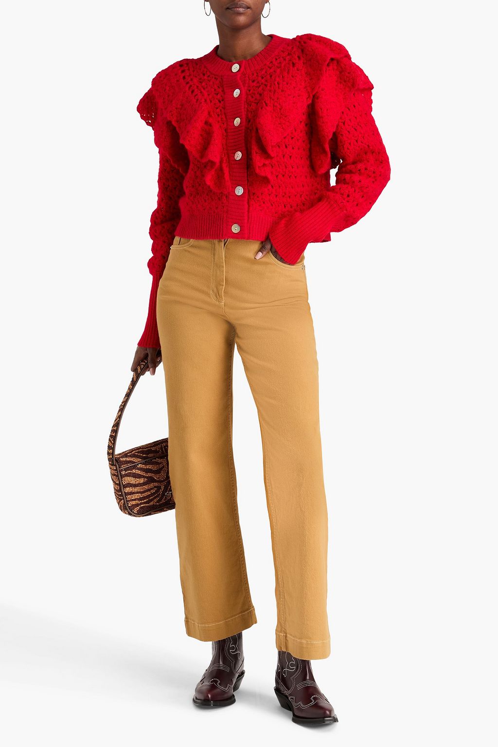 FARM RIO Ruffled crochet-knit cardigan