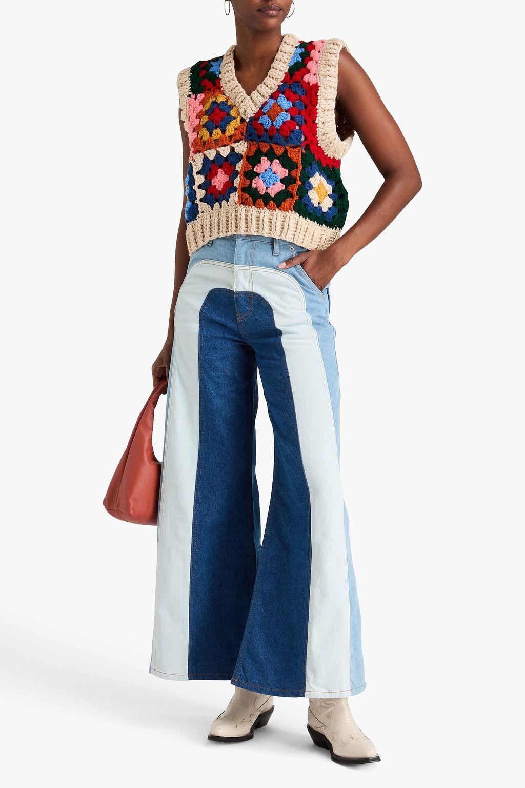 FARM RIO Patchwork-effect high-rise wide-leg jeans