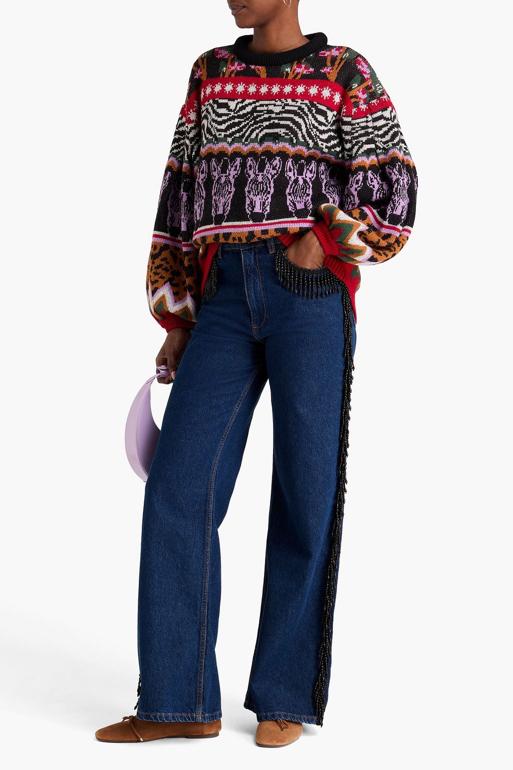 FARM RIO Bead-embellished high-rise wide-leg jeans