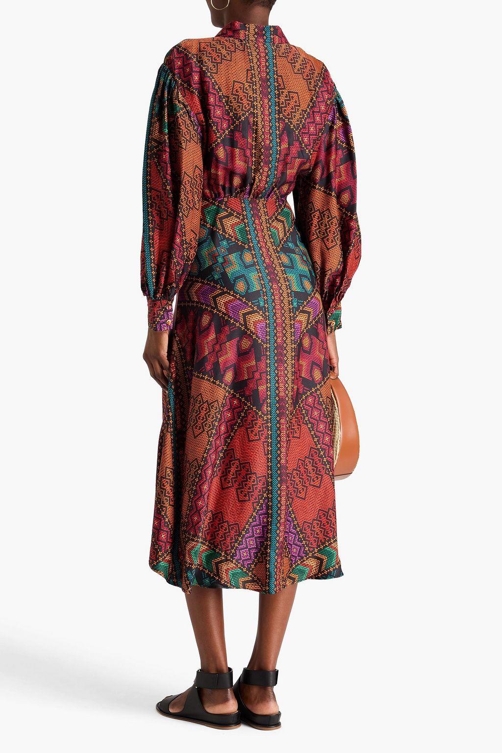 FARM RIO Bead-embellished printed satin midi dress