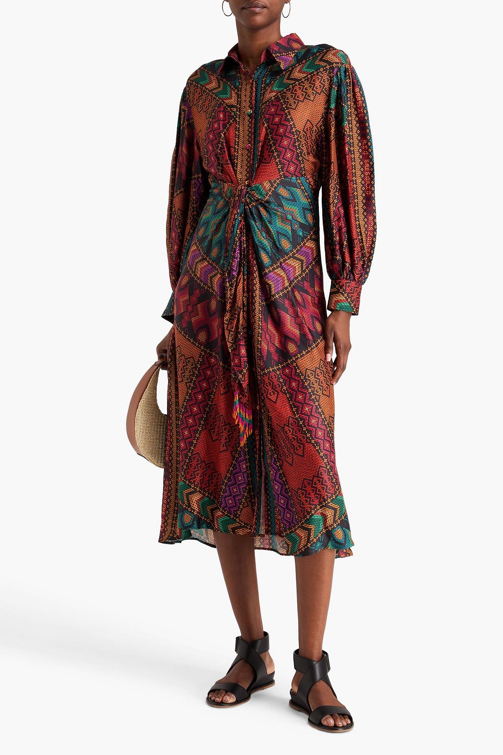 FARM RIO Bead-embellished printed satin midi dress