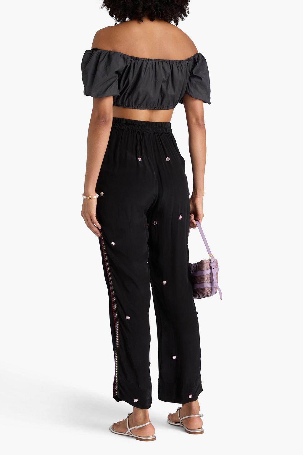 FARM RIO Embellished crepe de chine straight-leg pants
