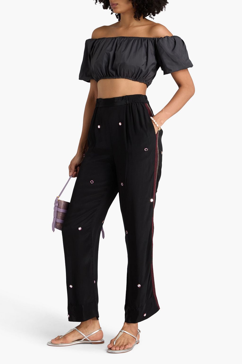 FARM RIO Embellished crepe de chine straight-leg pants
