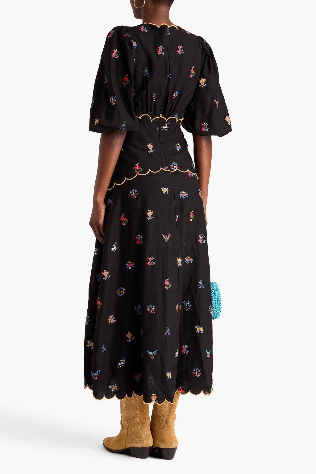 FARM RIO Embroidered cutout linen-blend midi dress