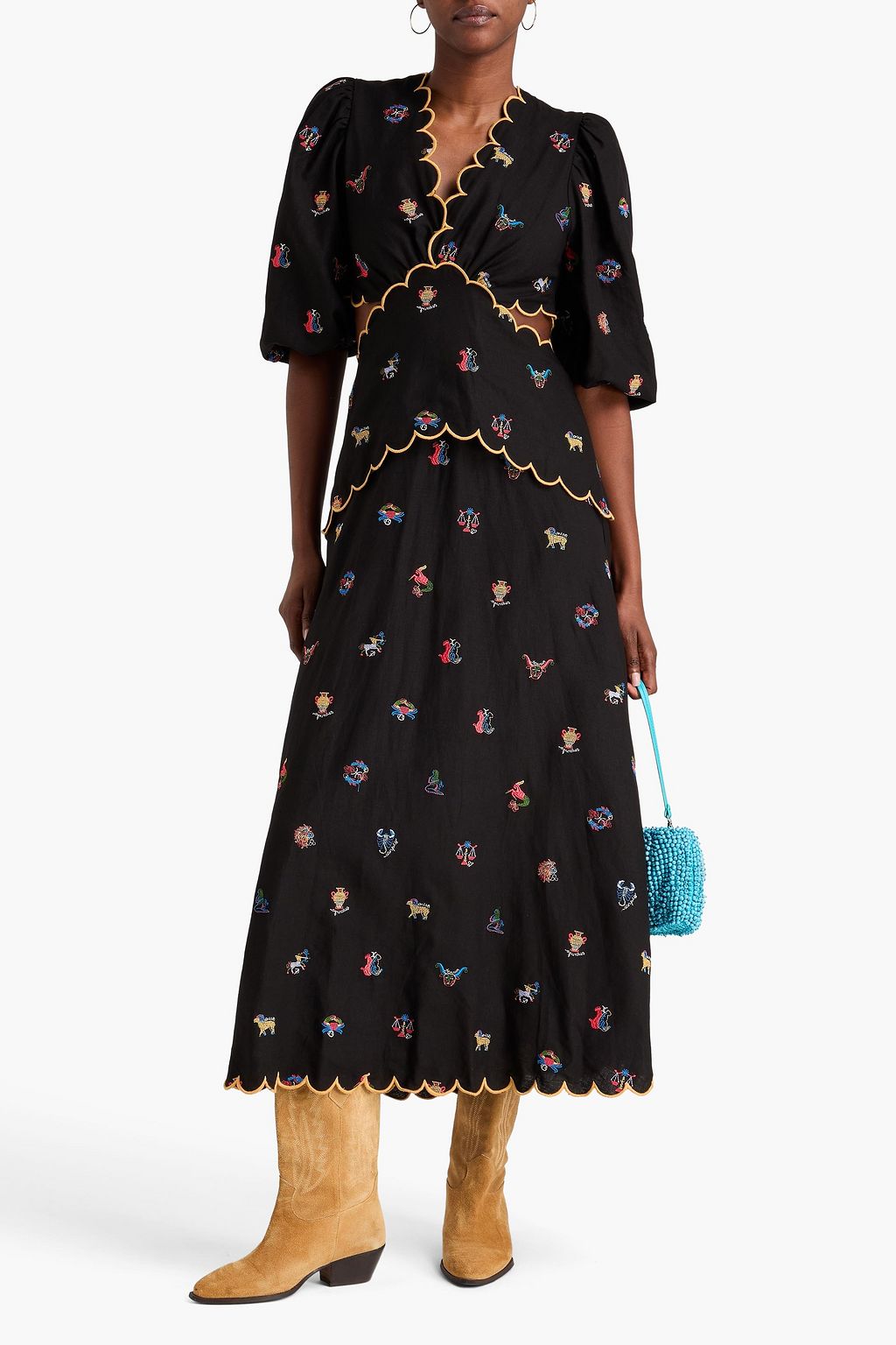 FARM RIO Embroidered cutout linen-blend midi dress
