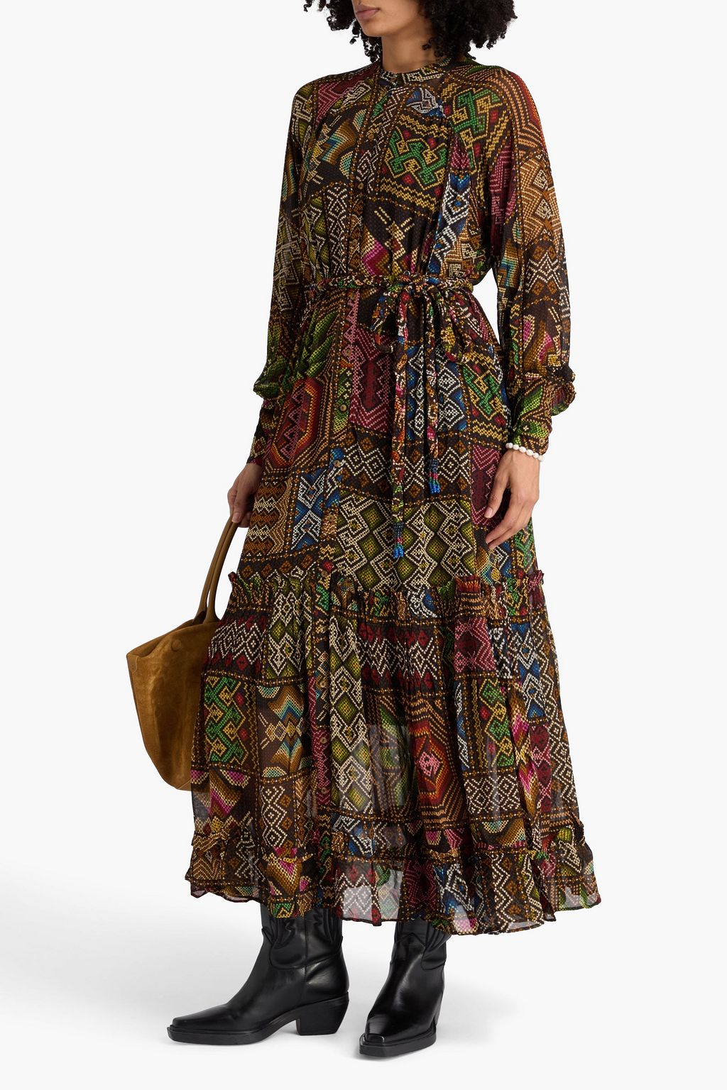 FARM RIO Ruffled printed georgette midi dress