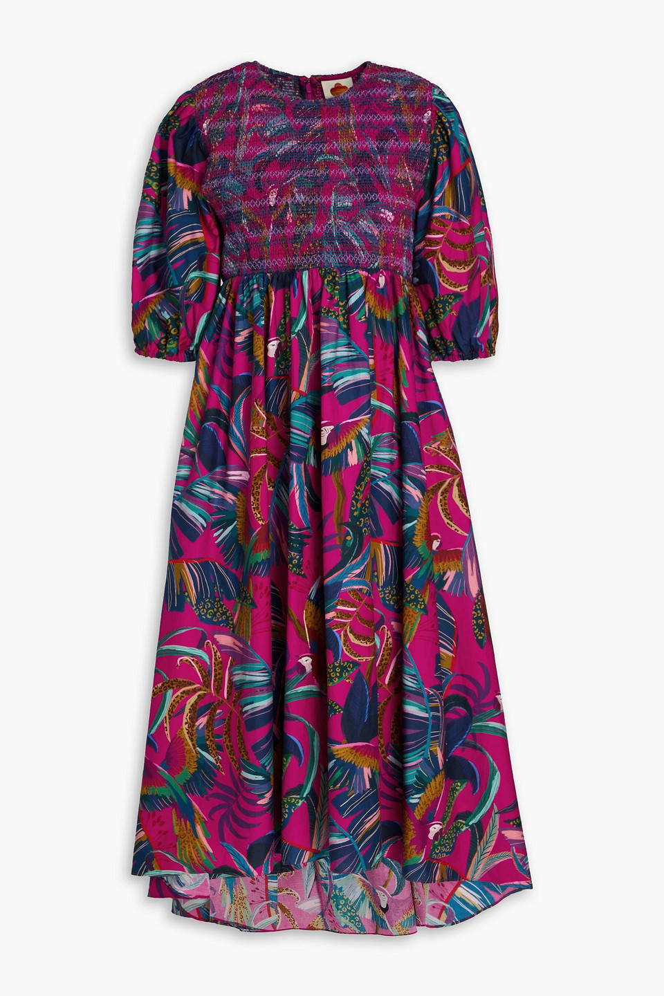 farm rio - smocked printed cotton-poplin midi dress - purple - l