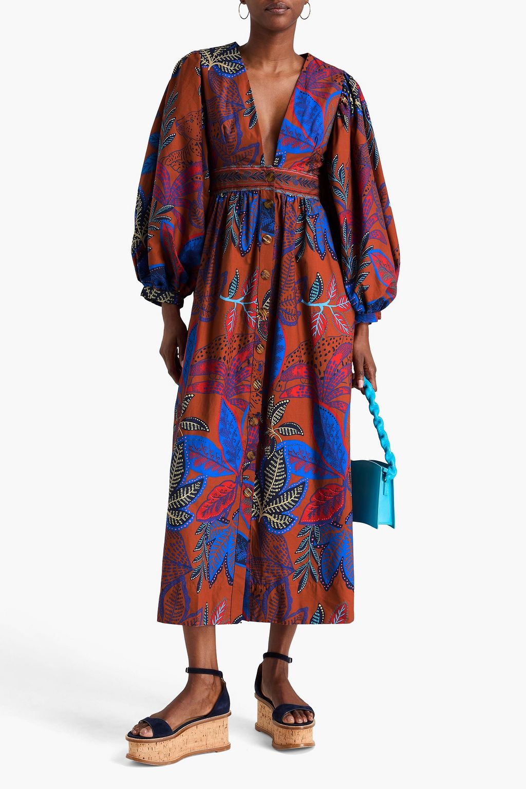 FARM RIO Printed cotton-poplin midi dress