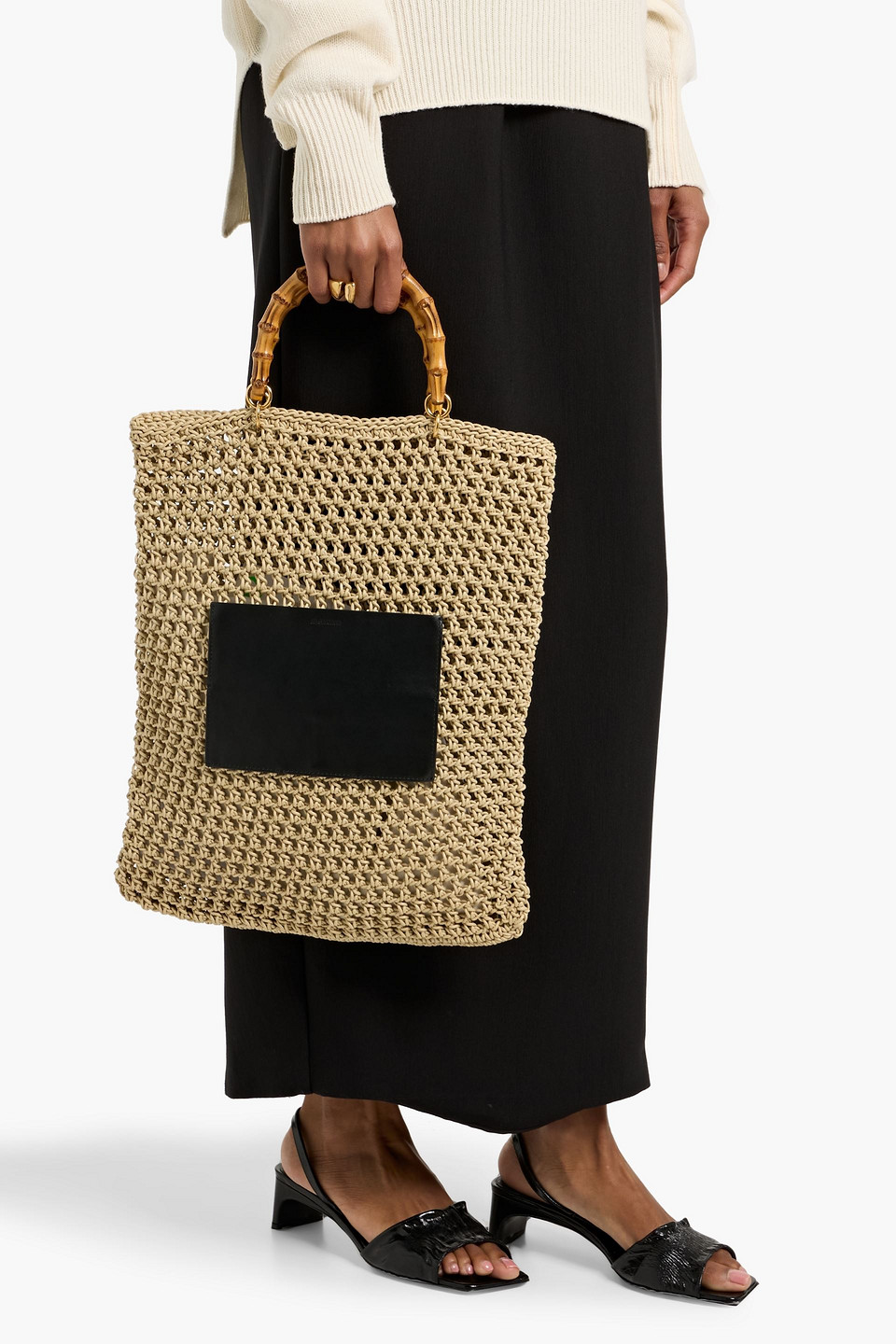 Jil Sander Leather-trimmed Crochet Tote In Neutral