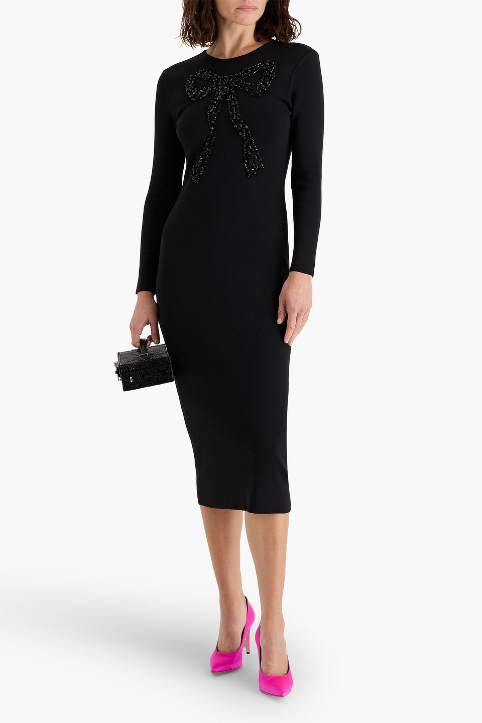 Carolina Herrera Bow-detailed Embellished Wool-blend Midi Dress In Black