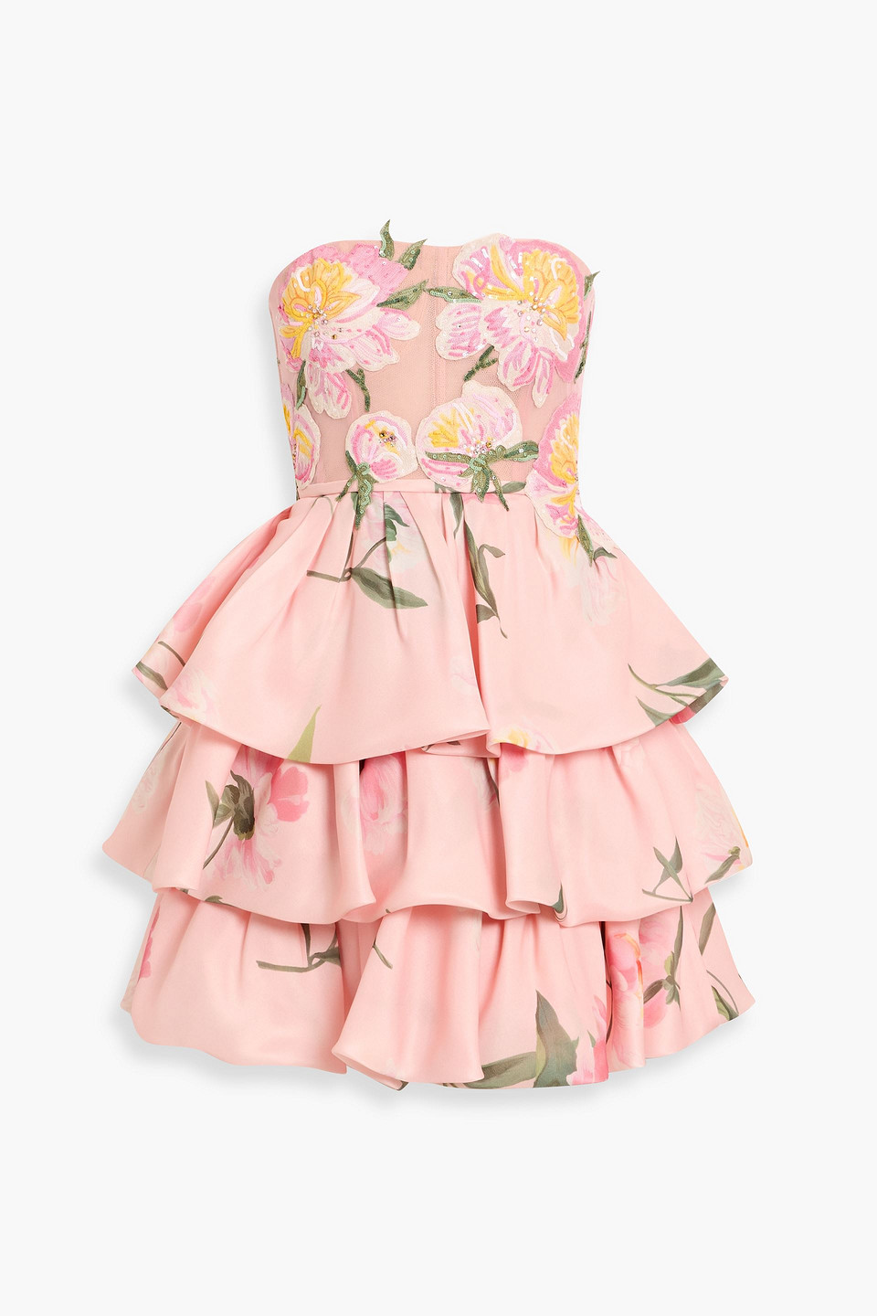 Carolina Herrera Strapless Ruffled Floral-print Silk-tulle And Organza Mini Dress In Pink