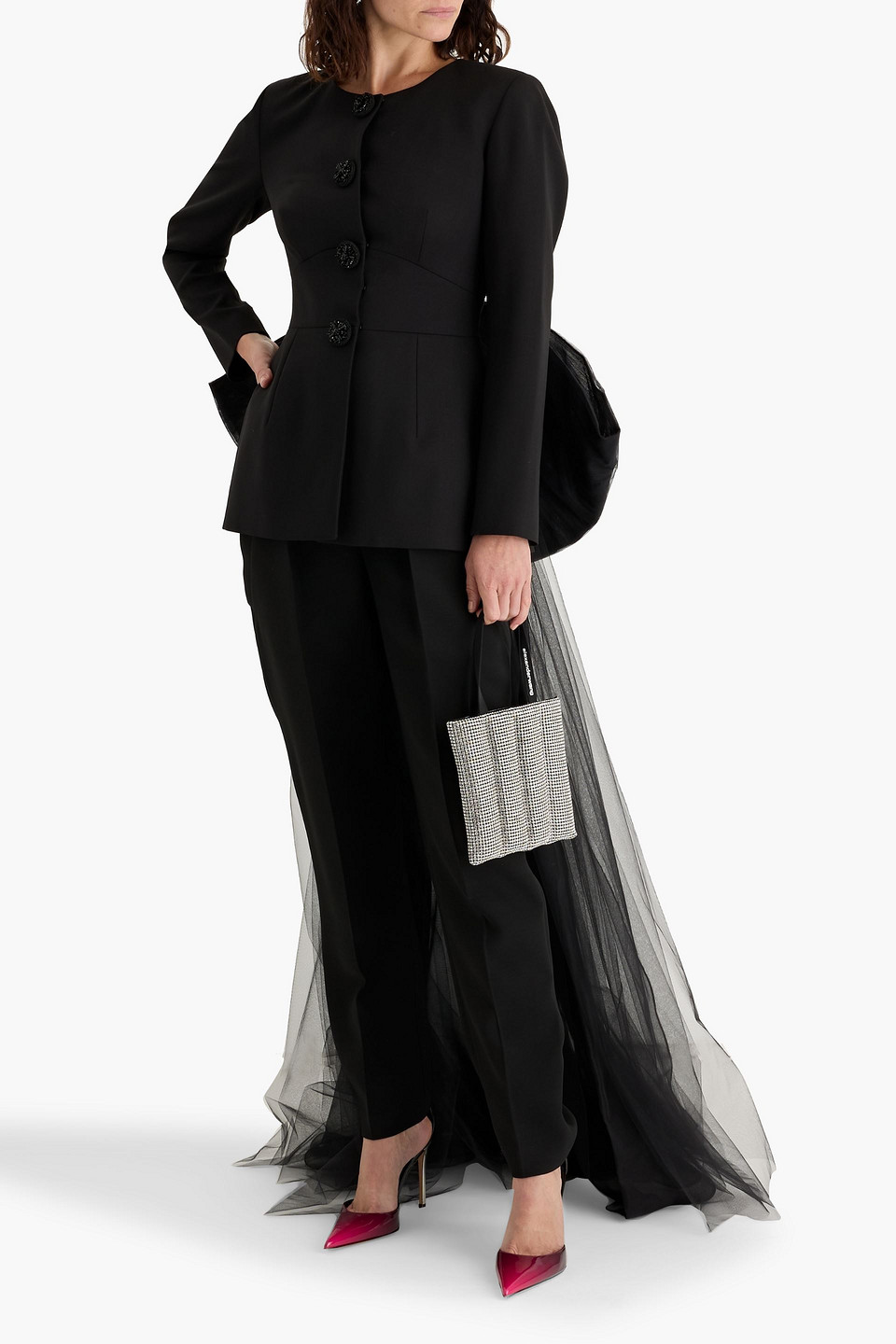 Carolina Herrera Open-back Tulle And Grain De Poudre Wool-blend Jacket In Black