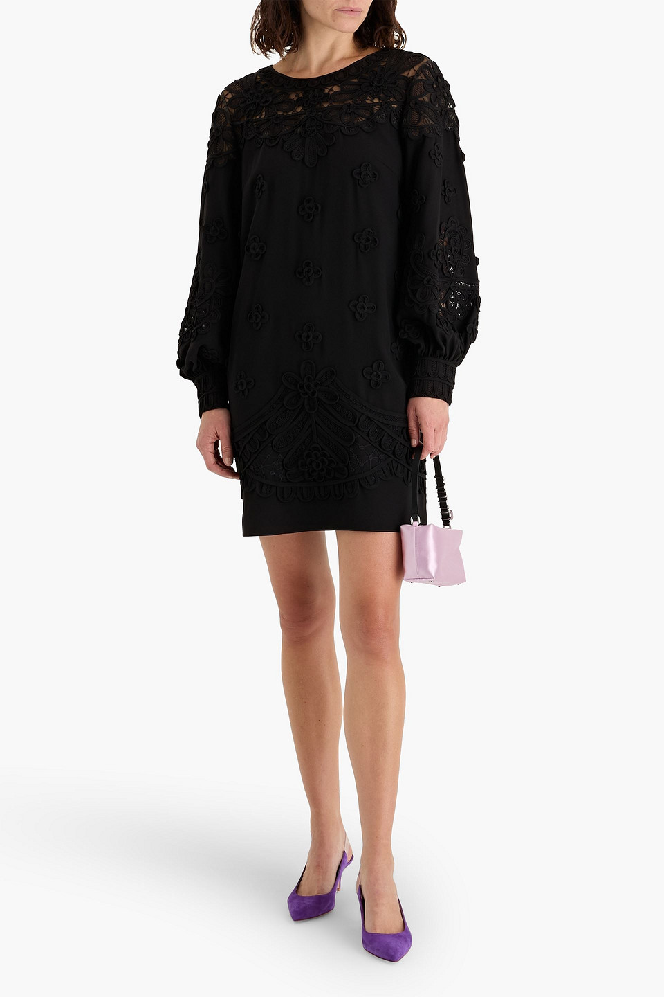 Carolina Herrera Floral-appliquéd Tulle And Crepe Mini Dress In Black