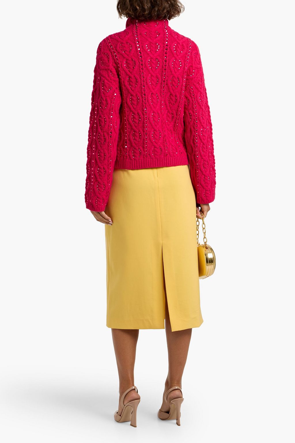 CAROLINA HERRERA Embellished cable-knit wool and cashmere-blend turtleneck sweater
