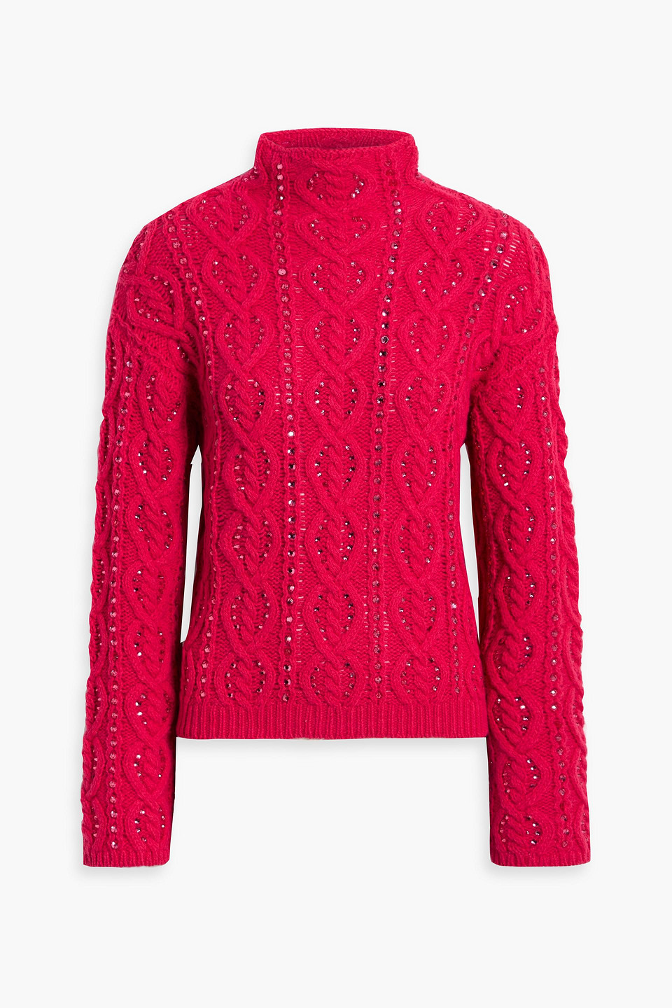 Carolina Herrera Embellished Cable-knit Wool And Cashmere-blend Turtleneck Sweater In Red