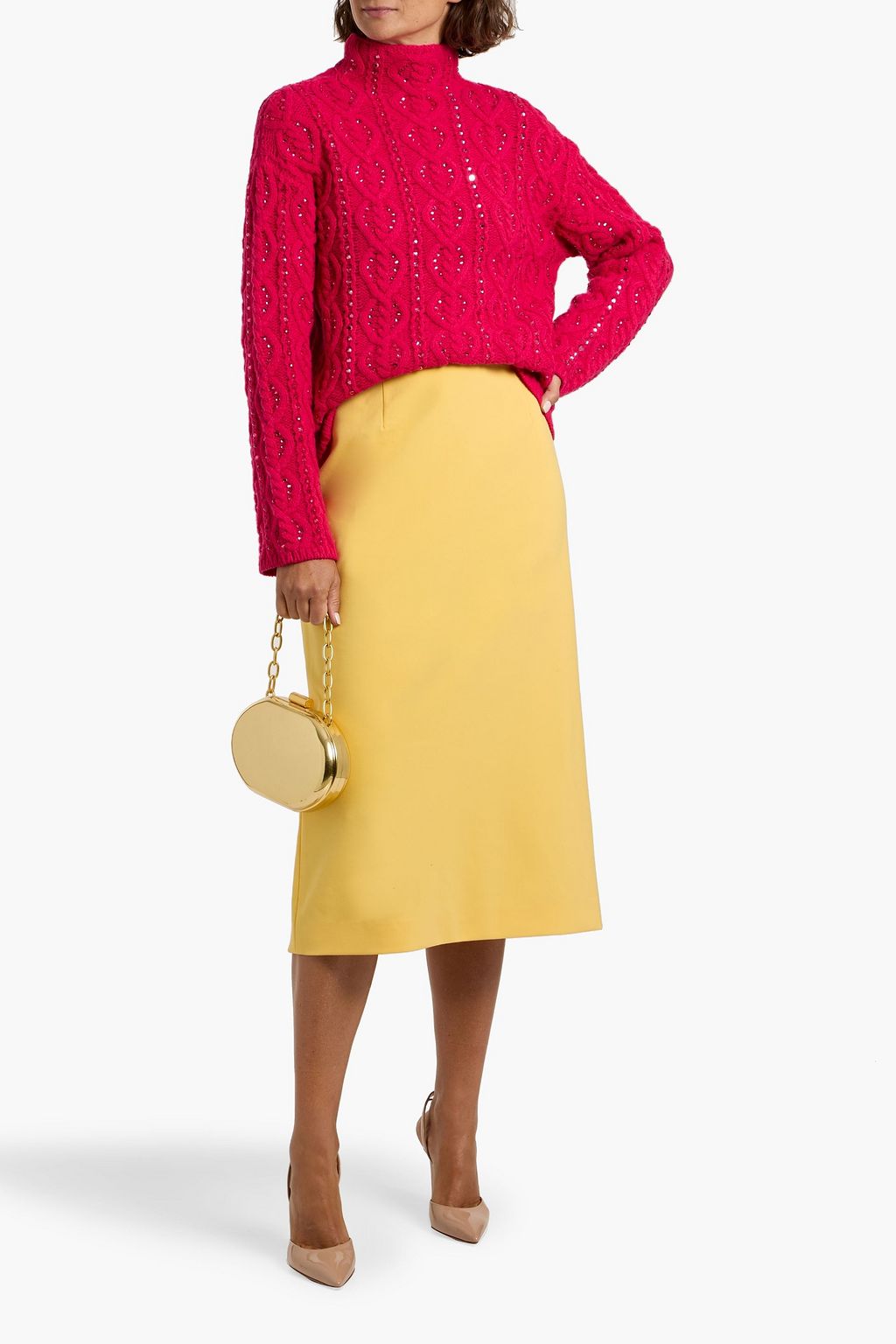 CAROLINA HERRERA Embellished cable-knit wool and cashmere-blend turtleneck sweater