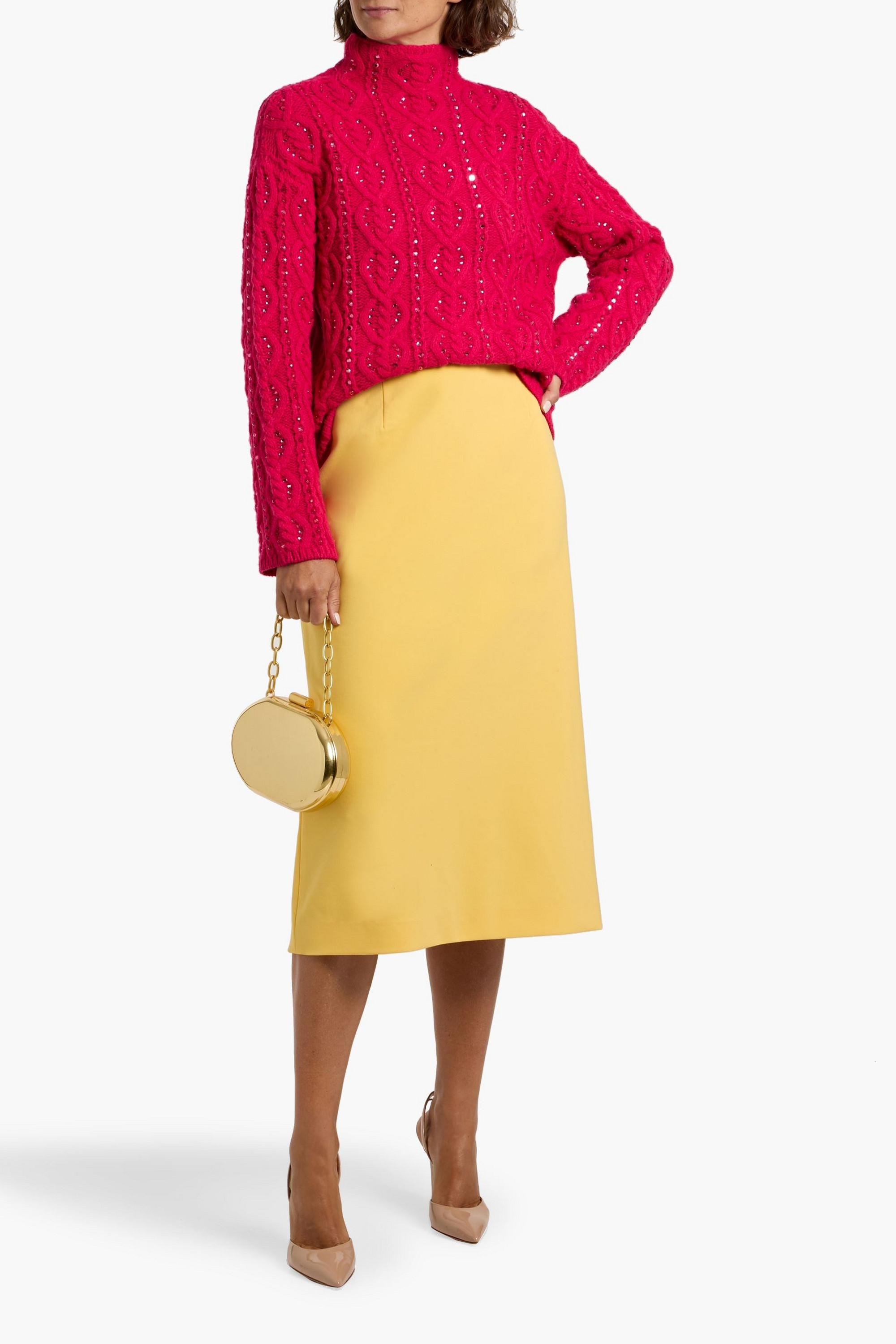 Carolina Herrera Embellished cable-knit wool and cashmere-blend turtleneck sweater